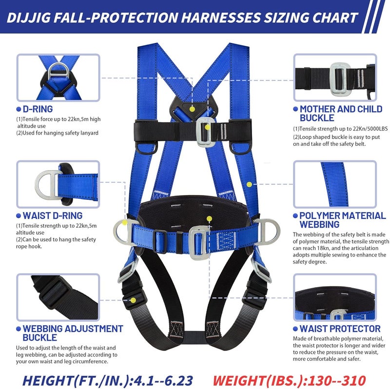 DIJJIG Safety Harness Fall Protection Kit Full Body Roofing Harnesses With Internal Shock Absorbing Lanyard, Blue Safety Harness For Construction OSHA/ANSI Compliant - Image 3